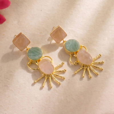 Rose quartz and amazonite dangle earrings, 'Pastel Radiance' - Rose Quartz and Amazonite Cabochon Brass Dangle Earrings