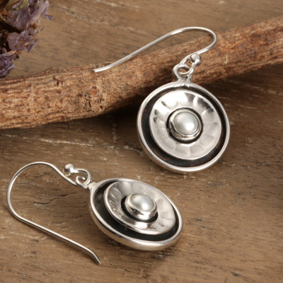 Cultured pearl dangle earrings, 'Moonlit Halo' - Hammered Darkened Polished Cultured Pearl Silver Earrings