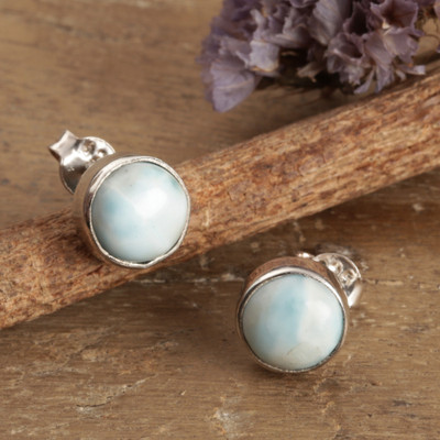 Larimar stud earrings, 'Ocean Mist' - Polished Silver Stud Earrings with Natural Larimar Stones