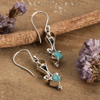 Reconstituted turquoise and citrine dangle earrings, 'Desert Sky Flow' - Geometric Reconstituted Turquoise Citrine Silver Earrings