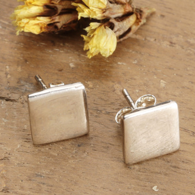 Sterling silver button earrings, 'Geometric Allure' - Square Geometric Minimalist Silver Button Stud Earrings