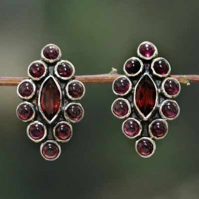 Garnet drop earrings, 'Scarlet Symphony' - Silver Drop Earrings with Round Marquise-Shaped Garnet Gems