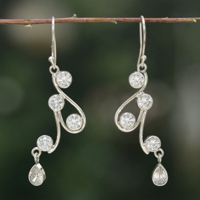 Cubic zirconia chandelier earrings, 'Dancing Drips' - Scrolling Silver Chandelier Earrings with Cubic Zirconia