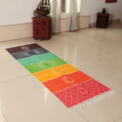Cotton yoga mat, 'All Chakras' - Chakra-Inspired Multicolor 100% Cotton Yoga Mat with Fringes