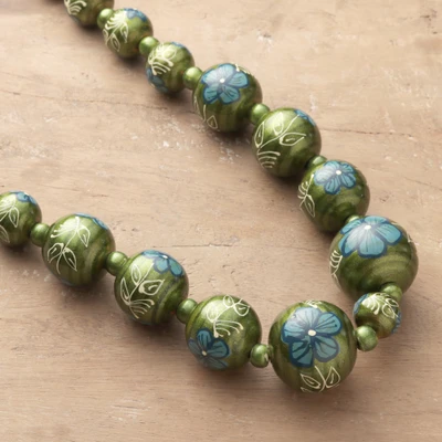 Wood beaded statement necklace, 'Olive Bloom' - Floral Leaf-Themed Painted Wood Beaded Statement Necklace