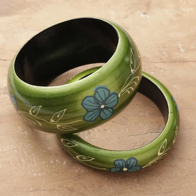 Wood bangle bracelets, 'Olive Bloom' (pair) - 2 Hand-Painted Green Wood Bangle Bracelets with Floral Motif