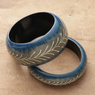 Wood bangle bracelets, 'Meadow Mist' (pair) - 2 Leaf-Themed Blue Grey White Painted Wood Bangle Bracelets