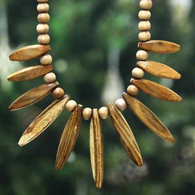 Wood beaded waterfall statement necklace, 'Feather Fringe' - Headdress-Inspired Wood Beaded Waterfall Statement Necklace