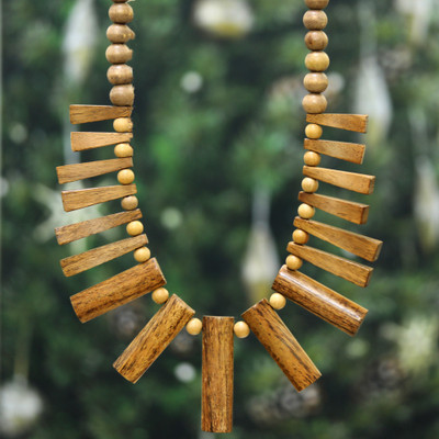Wood beaded waterfall statement necklace, 'Earth Rhythm' - Geometric Long Wood Beaded Waterfall Statement Necklace