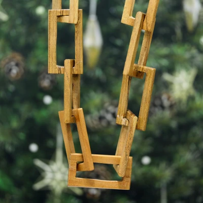 Wood link statement necklace, 'Charming Connection' - Geometric-Themed Long Acacia Wood Link Statement Necklace