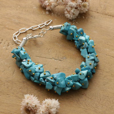 Reconstituted turquoise beaded wristband bracelet, 'Boho Sea' - Adjustable Reconstituted Turquoise Beaded Wristband Bracelet