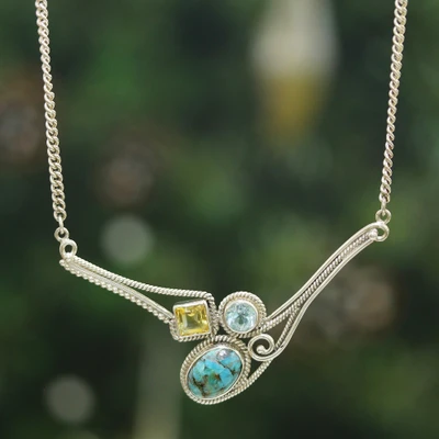 Multi-gemstone pendant necklace, 'Sublime Trio' - Reconstituted Turquoise Citrine Blue Topaz Silver Necklace
