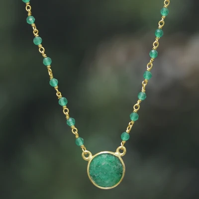 Gold-plated emerald station pendant necklace, 'Radiant Hope' - 3-Carat Emerald Station Pendant Necklace with Gold Plating