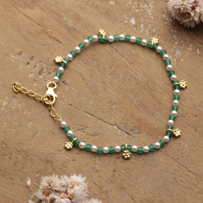 Gold-plated emerald and cultured pearl charm bracelet, 'Garden Hope' - Spring-Inspired Gold-Plated Emerald and Pearl Charm Bracelet