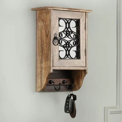 Wood key rack cabinet, 'Key to Charm' - Classic Mango Wood and Glass Key Rack Cabinet with 8 Hooks
