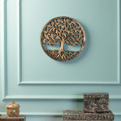 Wood relief panel, 'Thriving Victory' - Handcrafted Round Golden Tree of Life Wood Relief Panel