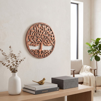 Wood relief panel, 'Thriving Nobility' - Artisan-Made Tree of Life Wood Relief Panel in Copper Hues