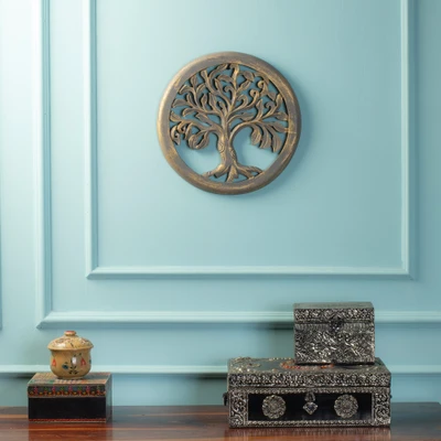 Wood relief panel, 'Thriving Virtue' - Round Tree of Life Wood Relief Panel in Grey and Gold Shades