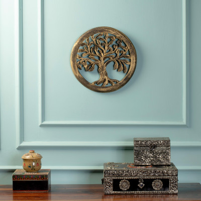 Wood relief panel, 'Thriving Grandeur' - Classic Tree of Life Wood Relief Panel in Antiqued Gold