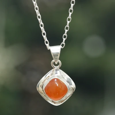 Carnelian pendant necklace, 'Fiery Delight' - Silver Pendant Necklace with Diamond-Shaped Carnelian Gem