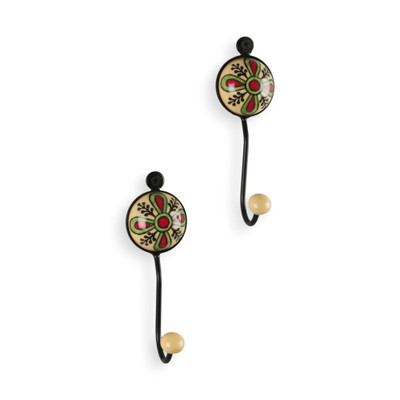 Ceramic coat hooks, 'Floral Hand' (pair) - Iron and Ceramic Coat Hook Pair with Classic Floral Patterns