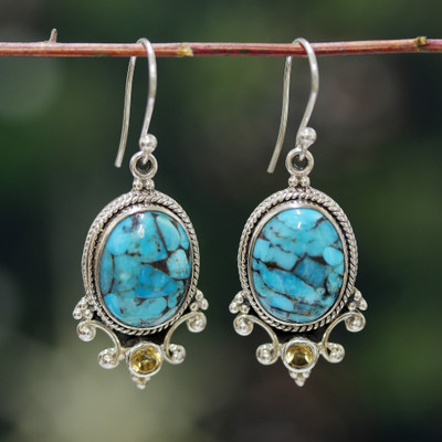 Citrine dangle earrings, 'Lagoon Luck' - One-Carat Citrine and Recon Turquoise Bollywood Earrings