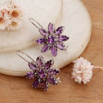 Amethyst drop earrings, 'Blooms of Violet' - 8-Carat Faceted Marquise-Cut Amethyst Bloom Drop Earrings