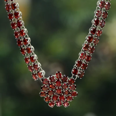 Garnet pendant necklace, 'Crimson Floruit' - 53-Carat Natural Garnet Pendant Necklace in Crown Setting