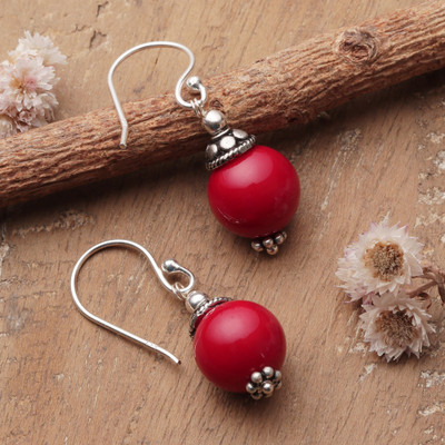 Calcite dangle earrings, 'Crimson Light' - Natural Calcite and Sterling Silver Dangle Earrings in Red