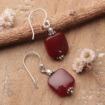 Carnelian dangle earrings, 'Niche Crimson' - Square-Cut Carnelian and Sterling Silver Dangle Earrings