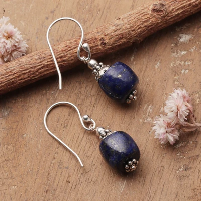 Lapis lazuli dangle earrings, 'Noble Midnight' - Dangle Earrings with Barrel-Cut Birthstone Lapis Lazuli Gems