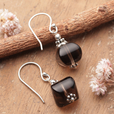 Smoky quartz dangle earrings, 'Queen at Dusk' - Gemstone Dangle Earrings with Barrel-Cut Smoky Quartz Gems
