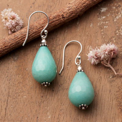 Agate dangle earrings, 'Aqua Dewdrop' - Silver Dangle Earrings with Teardrop Aqua Agate Gemstones
