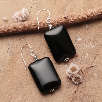 Onyx dangle earrings, 'Midnight Silhouette' - Rectangular Polished Black Onyx Silver Dangle Earrings