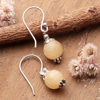 Agate dangle earrings, 'Luminous Allure' - Sterling Silver Dangle Earring with Round Yellow Agate Gems