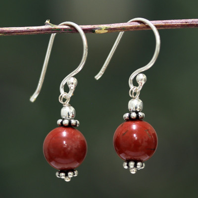 Agate dangle earrings, 'Royal Exuberance' - Silver Dangle Earrings with Round Red Agate Gems from India