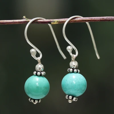 Agate dangle earrings, 'Royal Serenity' - Aqua Agate and Sterling Silver Dangle Earrings from India