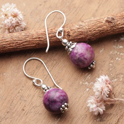 Agate dangle earrings, 'Glorious Violet' - Silver Dangle Earrings with Agate Gems in Marbled Purple Hue