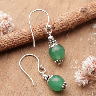 Onyx dangle earrings, 'Glorious Green' - Silver Dangle Earrings with Faceted Round Green Onyx Stones