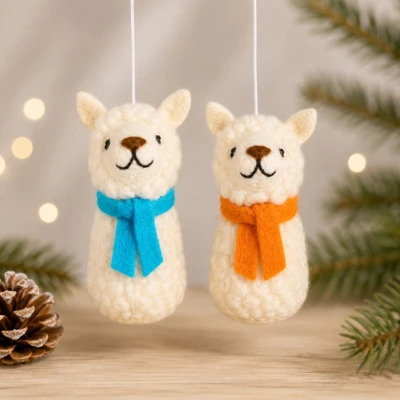 Wool felt ornaments, 'Snowy Lambs' (pair) - Pair of Lamb-Shaped Whimsical Wool Felt Christmas Ornaments