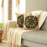 Embroidered cotton cushion covers, 'Olive Floruit' (pair) - Olive & Ecru Cotton Cushion Cover Pair with Bloom Embroidery