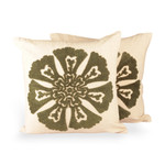 Embroidered cotton cushion covers, 'Olive Floruit' (pair) - Olive & Ecru Cotton Cushion Cover Pair with Bloom Embroidery