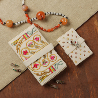 Embroidered jewelry rolls, 'Finesse & Flora' (set of 2) - Classic Rayon Embroidered 2-Piece Jewelry Roll Set in Ecru