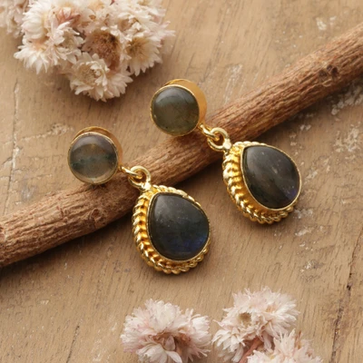 Labradorite dangle earrings, 'Intuitive Glam' - Glam Brass Drop-Shaped Dangle Earrings with Labradorite Gems