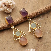 Chalcedony and amethyst dangle earrings, 'Harmonious Symmetry' - 14-Carat Geometric Chalcedony and Amethyst Dangle Earrings