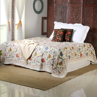 Wool embroidered cotton bedspread, 'Dreams by Spring' (twin) - Spring-Inspired Wool Embroidered Twin-Sized Cotton Bedspread