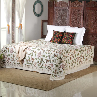 Wool embroidered cotton bedspread, 'Devoted Blooms' (twin) - Floral-Patterned Embroidered Cotton Bedspread in a Twin Size