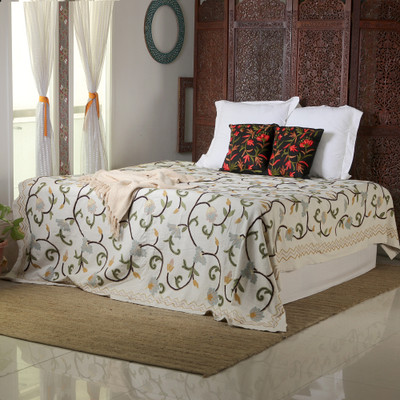 Wool embroidered cotton bedspread, 'Gentle Petals' (twin) - Twin-Sized 100% Cotton Bedspread with Floral Wool Embroidery