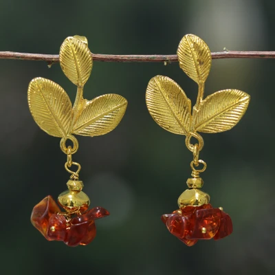 Quartz dangle earrings, 'Origin of Love' - Leafy Gold-Toned Brass and Crimson Quartz Dangle Earrings