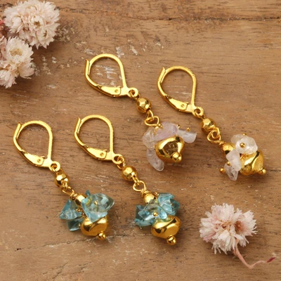 Quartz dangle earring set, 'Heaven & Holiness' (set of 2) - 2-Pair Blue & White Golden Brass Quartz Dangle Earring Set